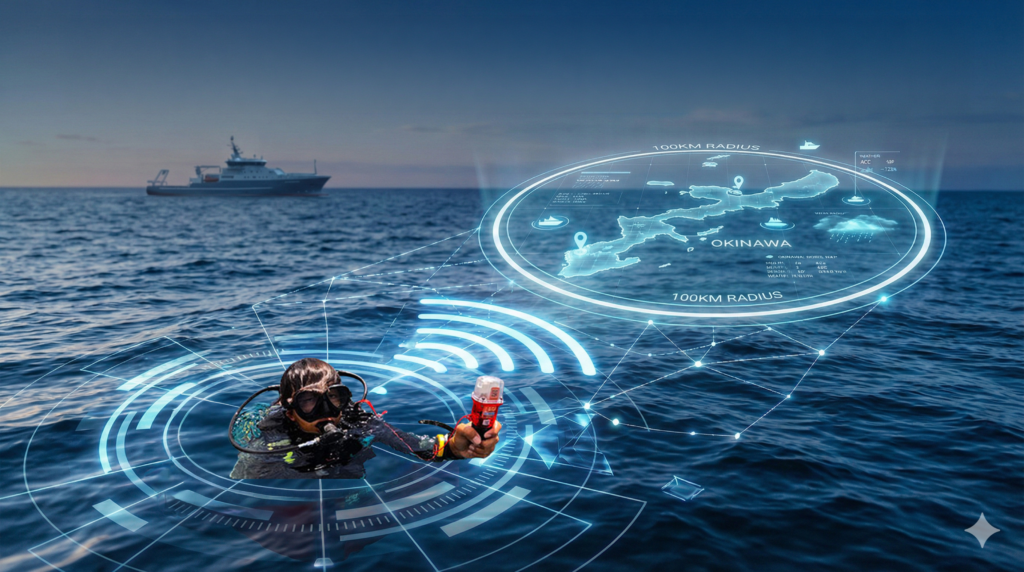 SEAKERは、遭難者が所持する端末から発信される位置情報(緯度経度)を、受信局を経由してクラウド上で可視化する。