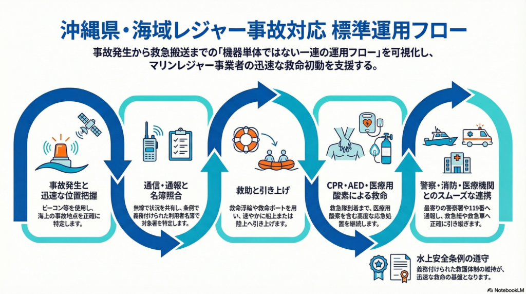 事故発生から緊急搬送までの「機器単体ではない一連の運用フロー」を可視化