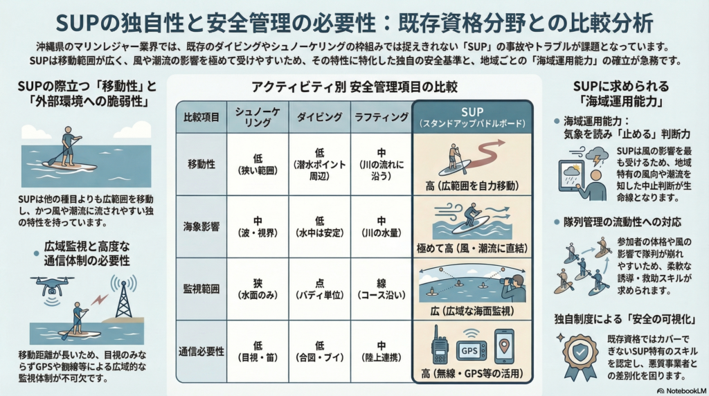 SUP独自性と安全管理の必要性：既存分野との比較
