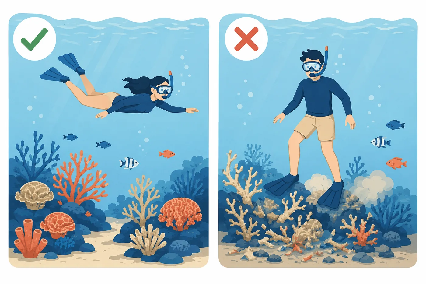 Illustration: float above the reef, never stand on coral