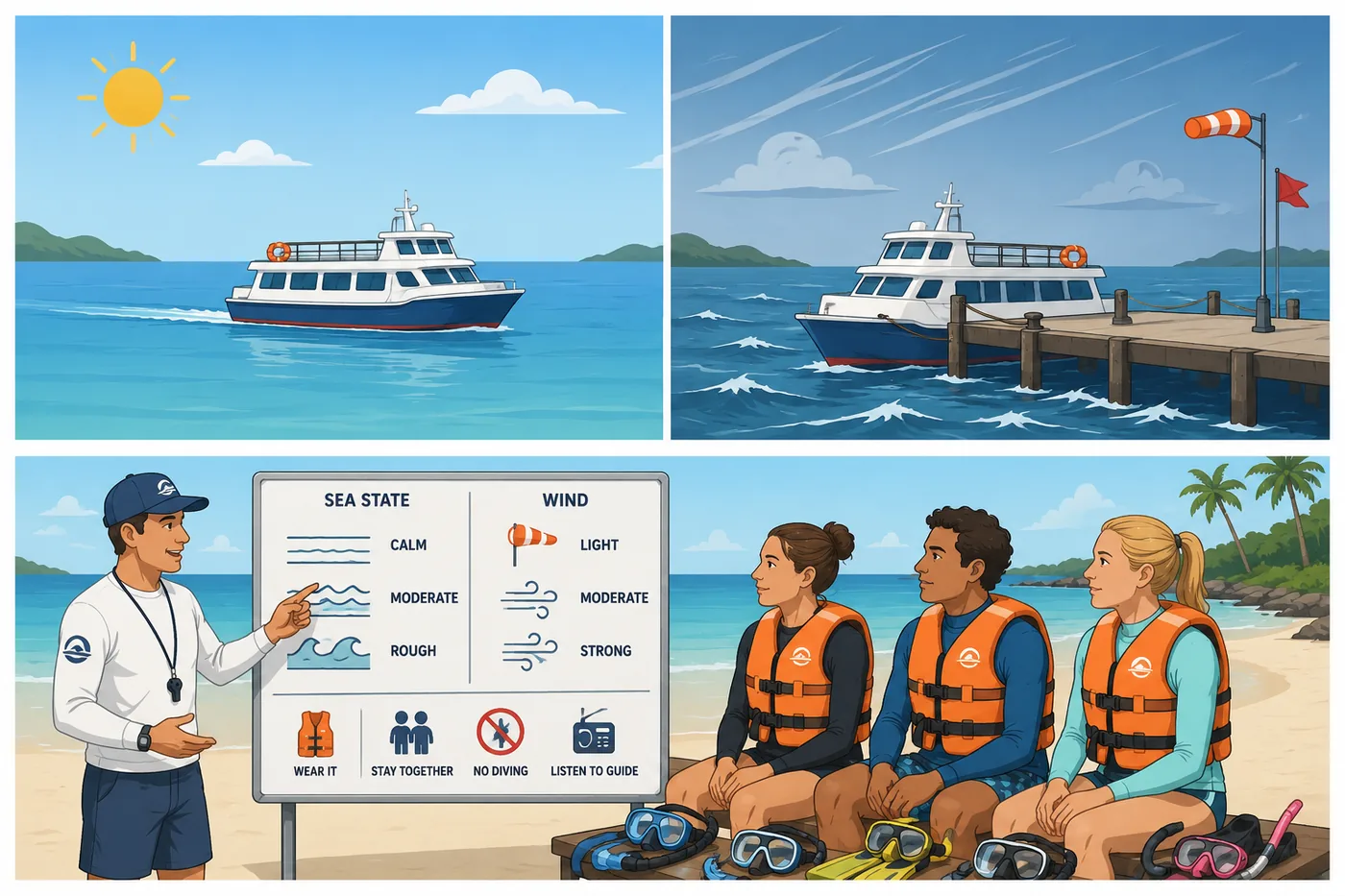Illustration: island ferries run on calm days and stay in port when the sea is rough