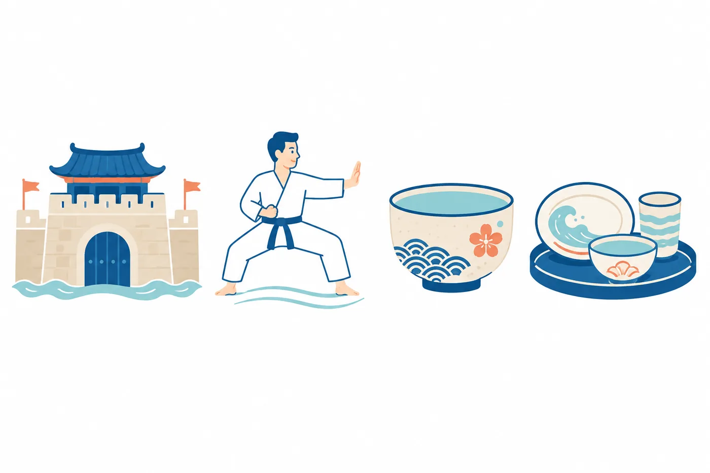 Illustration: heritage sites, karate, crafts and cuisine — four ways to experience Ryukyu culture