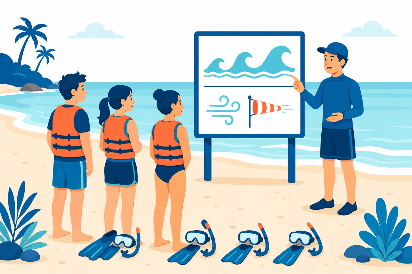 Illustration: a guide explains sea conditions to guests before a snorkeling tour